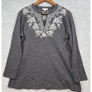 J Jill Gray Embroidered Floral Top Split‎ Neck Petite M Long Sleeve Casual